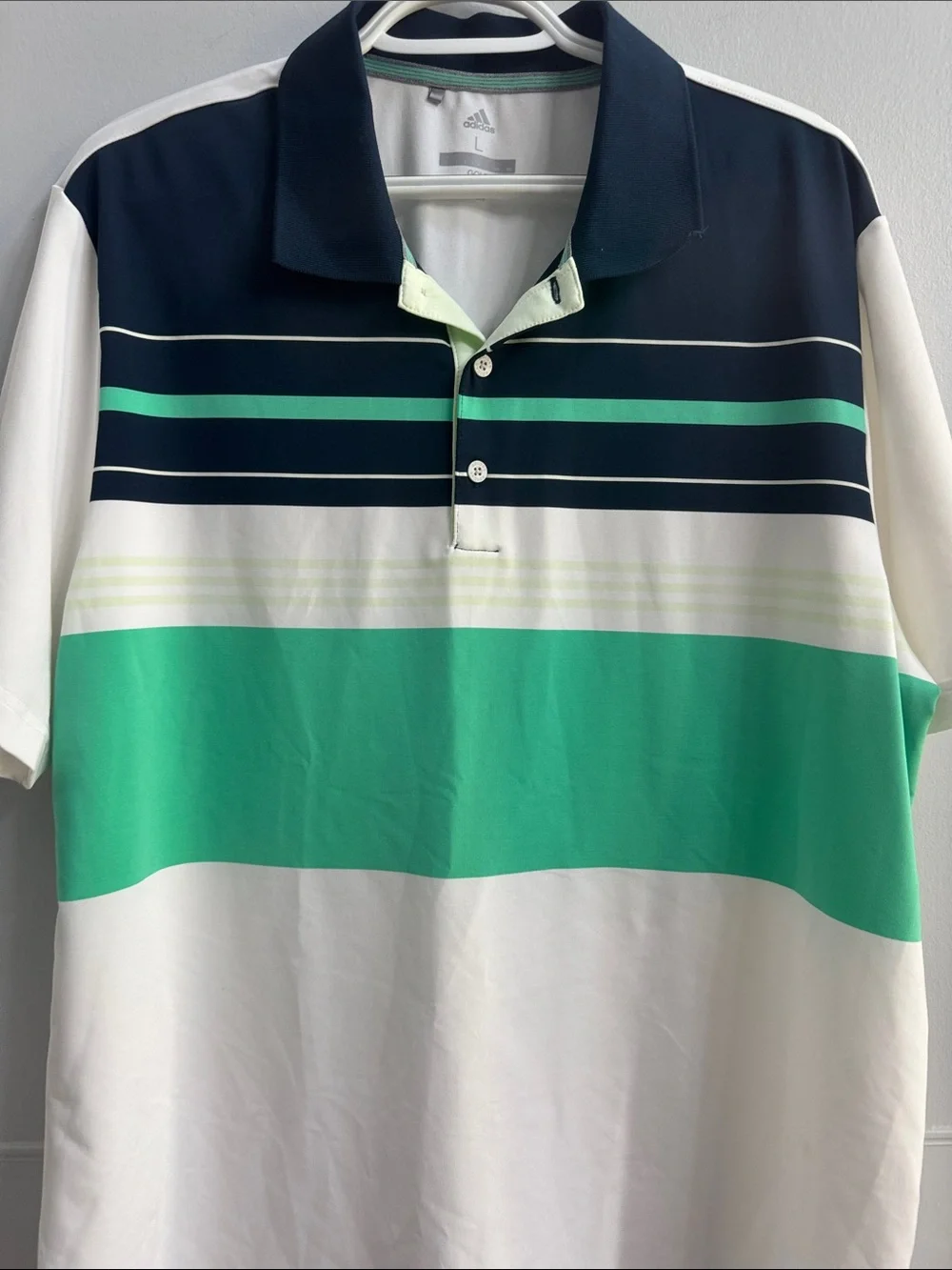 adidas Men’s Polo Golf Shirt in Navy, White & Green Stripes